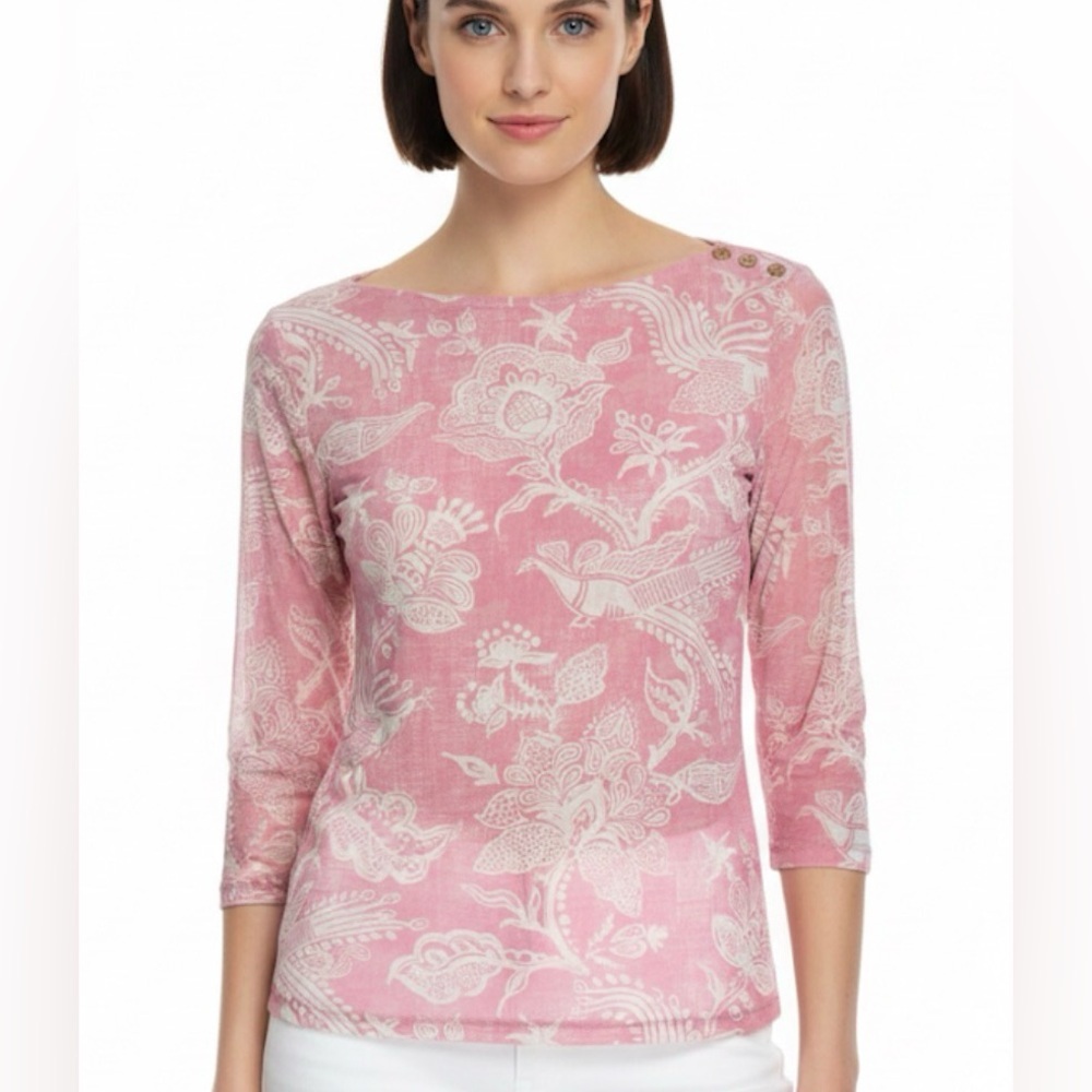 J.McLaughlin Catalina Cloth Pink White Floral Coastal 3/4 Sleeve Top L